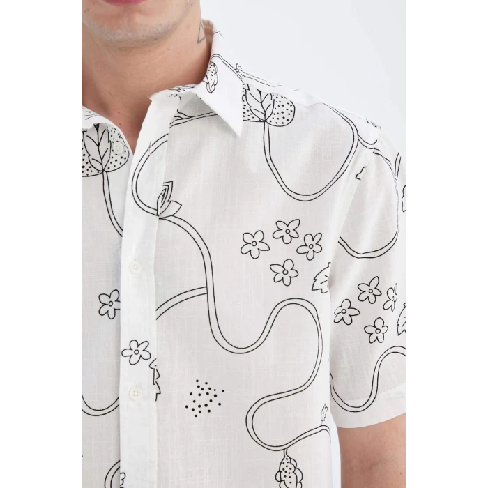 Defacto C7695 Ekru Regular Fit Yazlık Baskılı Pamuklu Kısa Kollu Gömlek