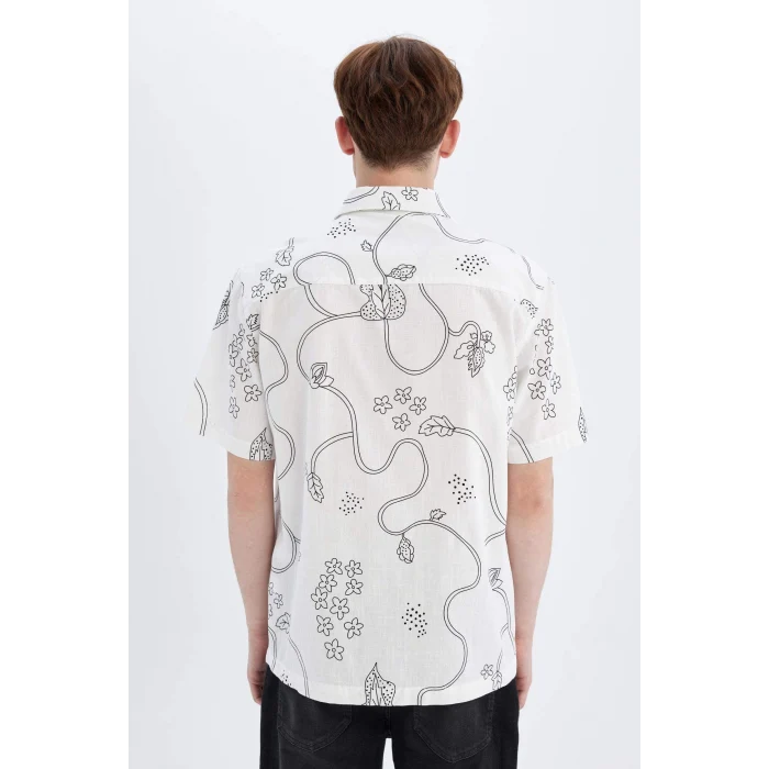 Defacto C7695 Ekru Regular Fit Yazlık Baskılı Pamuklu Kısa Kollu Gömlek