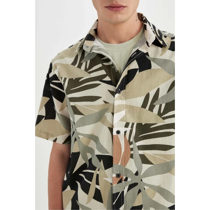 Defacto C7667 Haki Regular Fit Yazlık Hawaii Baskılı Pamuklu Kısa Kollu Gömlek