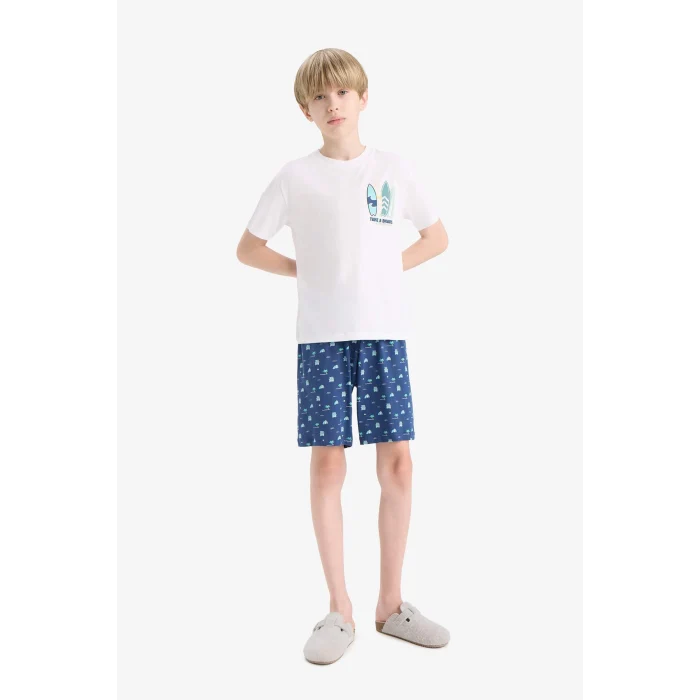Defacto E2693 Beyaz Erkek Çocuk Pijama Takımı Baskılı Kısa Kollu Üst Desenli Şort