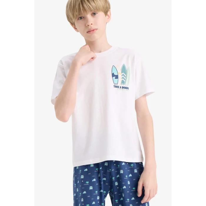 Defacto E2693 Beyaz Erkek Çocuk Pijama Takımı Baskılı Kısa Kollu Üst Desenli Şort