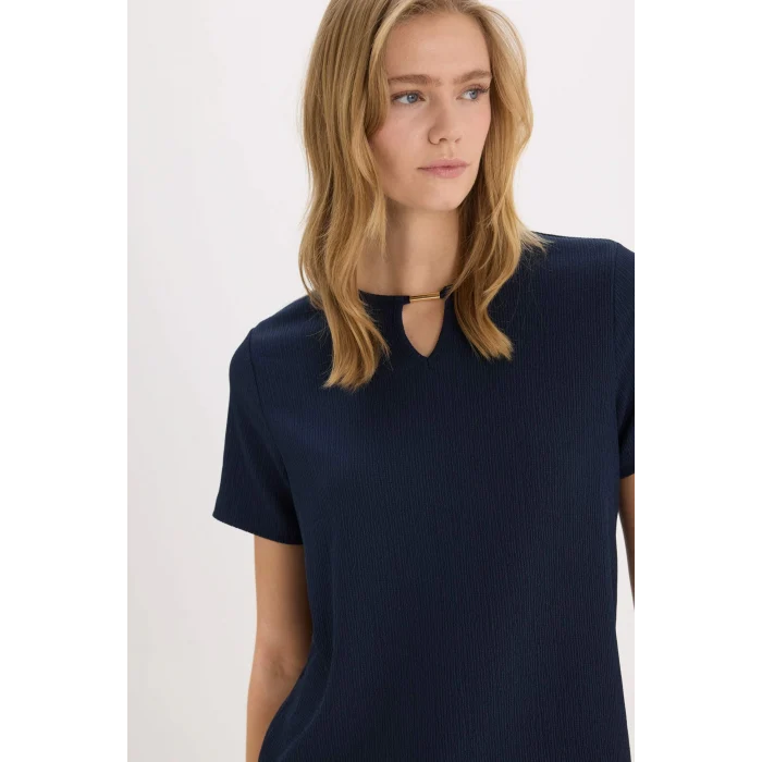 Defacto E0325 Lacivert Regular Fit Apaş Yaka Basic Düz Bürümcük Kısa Kollu Tişört