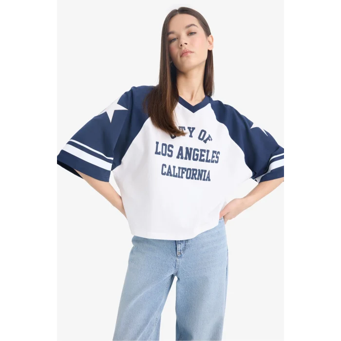 Defacto F2904 İndigo Coool Loose Fit Bisiklet Yaka Baskılı Kısa Kollu Tişört