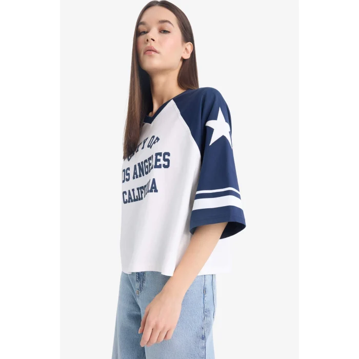 Defacto F2904 İndigo Coool Loose Fit Bisiklet Yaka Baskılı Kısa Kollu Tişört