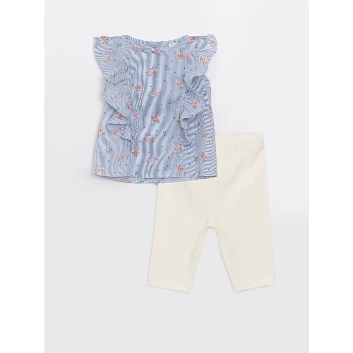 LCW baby Ekru Bisiklet Yaka Desenli Kız Bebek Bluz ve Tayt 2li Takım