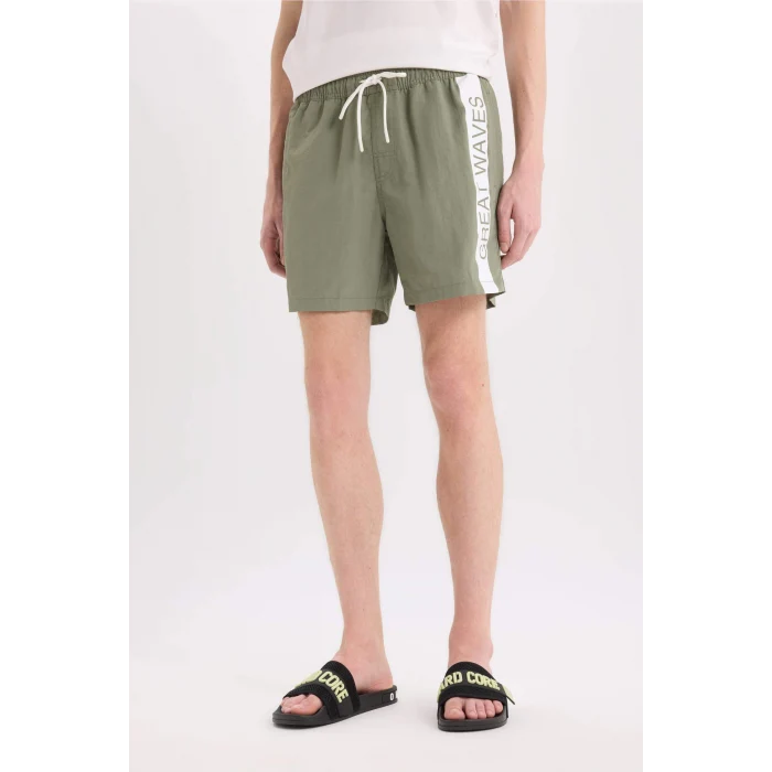 Defacto E0995 Haki Baskılı File Astarlı Diz Üstü Deniz Şortu