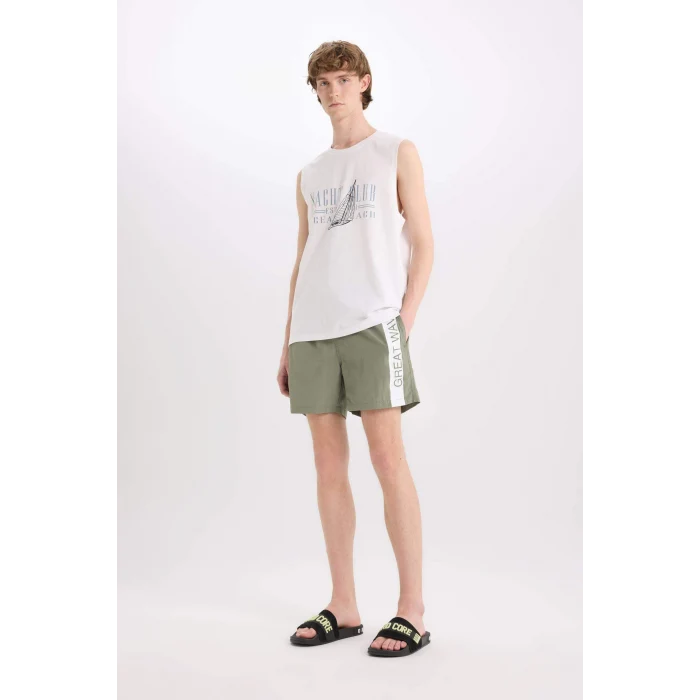 Defacto E0995 Haki Baskılı File Astarlı Diz Üstü Deniz Şortu