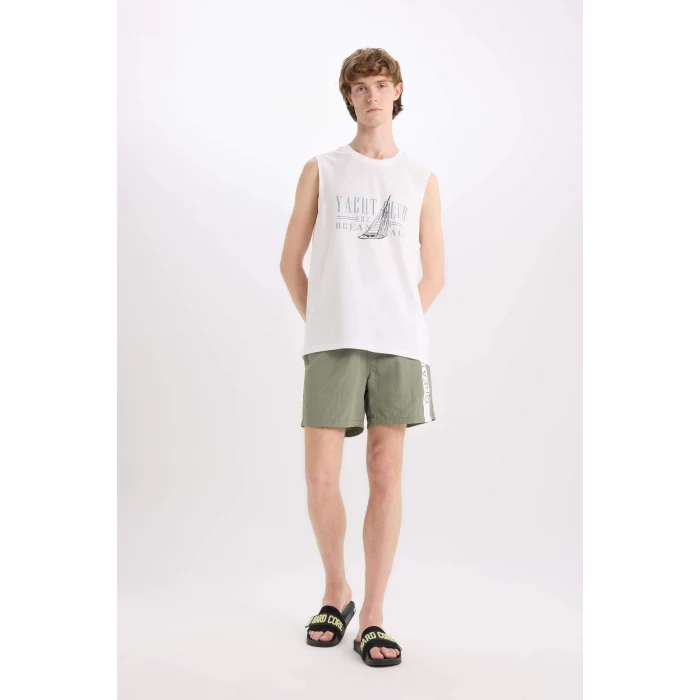 Defacto E0995 Haki Baskılı File Astarlı Diz Üstü Deniz Şortu