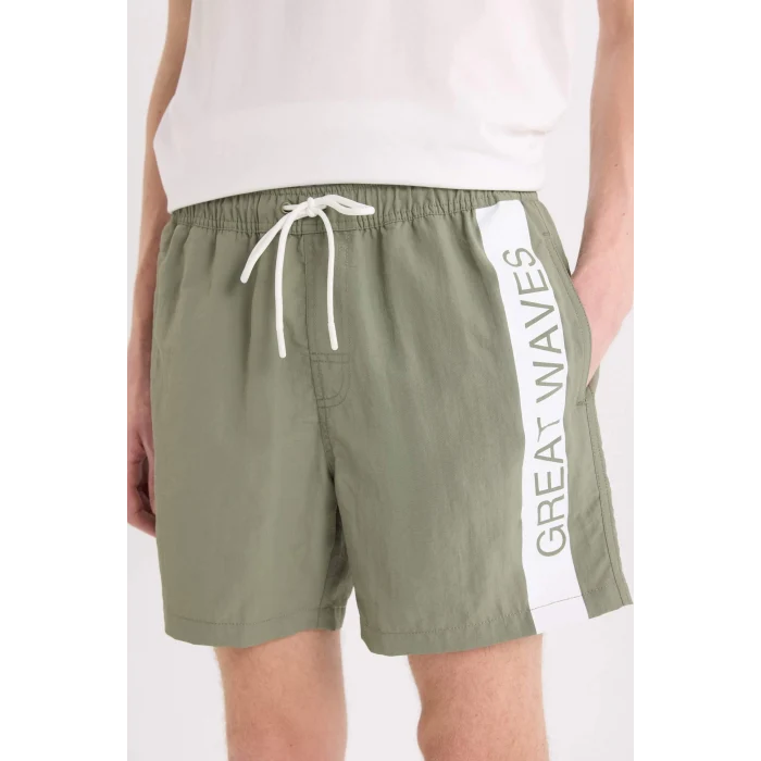 Defacto E0995 Haki Baskılı File Astarlı Diz Üstü Deniz Şortu