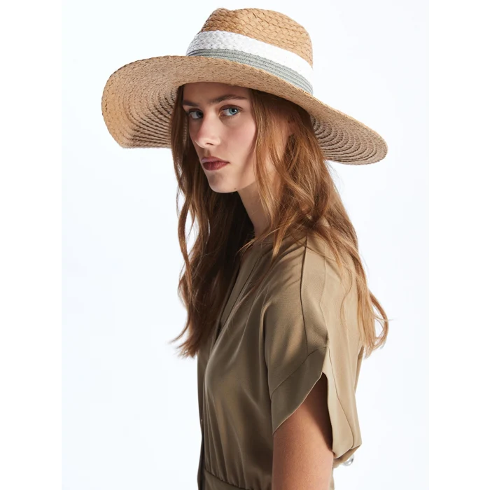 LCW ACCESSORIES Bej Çizgi Detaylı Kadın Hasır Fötr Şapka