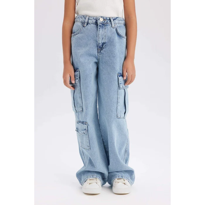Defacto D9694 Mavi Kız Çocuk Wide Leg Kargo Geniş Paça Pamuklu Jean Pantolon