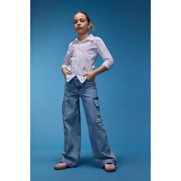 Defacto D9694 Mavi Kız Çocuk Wide Leg Kargo Geniş Paça Pamuklu Jean Pantolon