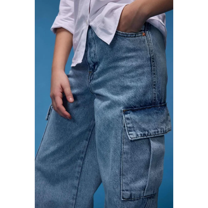 Defacto D9694 Mavi Kız Çocuk Wide Leg Kargo Geniş Paça Pamuklu Jean Pantolon