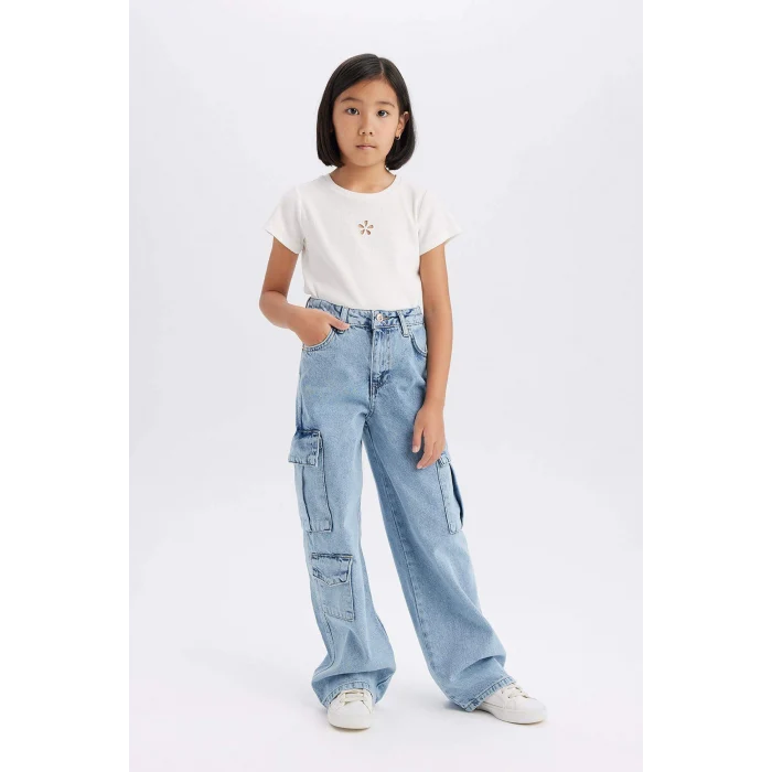 Defacto D9694 Mavi Kız Çocuk Wide Leg Kargo Geniş Paça Pamuklu Jean Pantolon