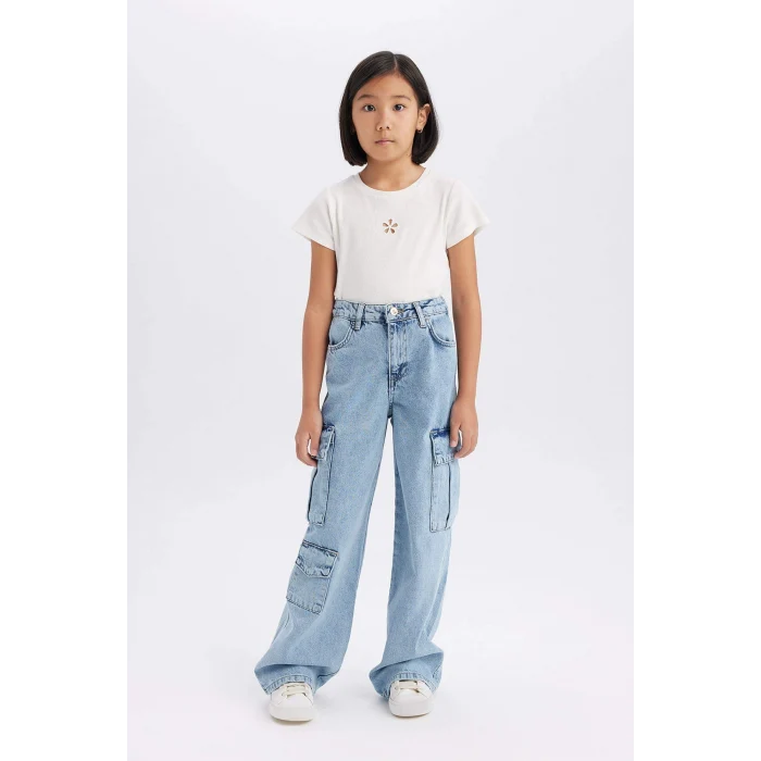 Defacto D9694 Mavi Kız Çocuk Wide Leg Kargo Geniş Paça Pamuklu Jean Pantolon