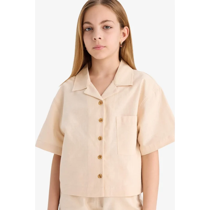 Defacto D7638 Ekru Kız Çocuk Cropped Fit Keten Kısa Kollu Gömlek
