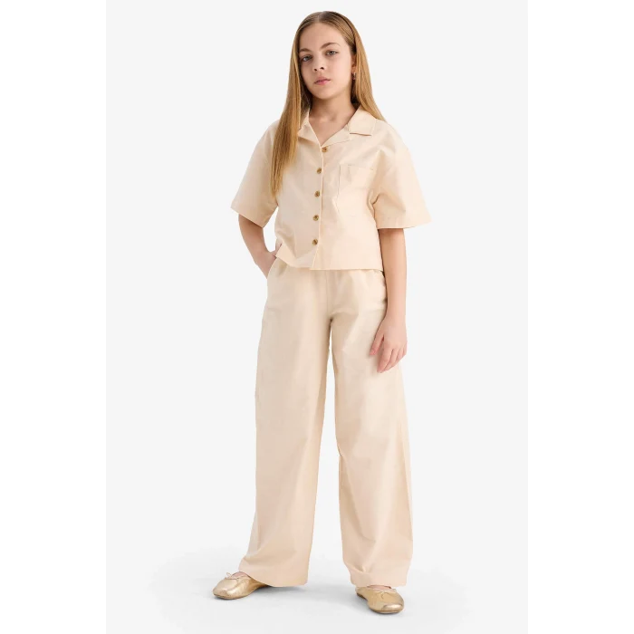 Defacto D7638 Ekru Kız Çocuk Cropped Fit Keten Kısa Kollu Gömlek