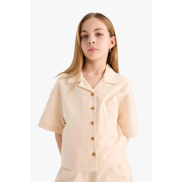 Defacto D7638 Ekru Kız Çocuk Cropped Fit Keten Kısa Kollu Gömlek