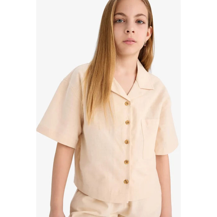 Defacto D7638 Ekru Kız Çocuk Cropped Fit Keten Kısa Kollu Gömlek