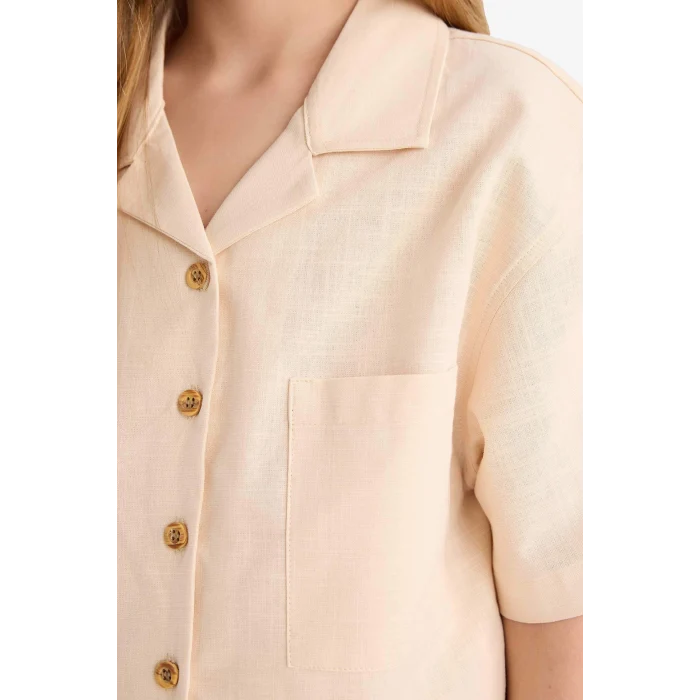 Defacto D7638 Ekru Kız Çocuk Cropped Fit Keten Kısa Kollu Gömlek