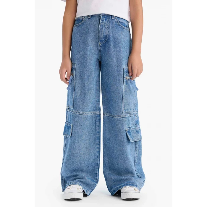 Defacto D9695 Mavi Kız Çocuk Wide Leg Kargo Geniş Bol Paça Jean Pantolon