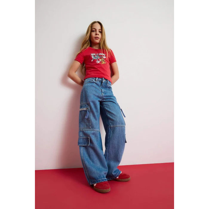 Defacto D9695 Mavi Kız Çocuk Wide Leg Kargo Geniş Bol Paça Jean Pantolon