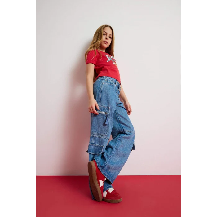 Defacto D9695 Mavi Kız Çocuk Wide Leg Kargo Geniş Bol Paça Jean Pantolon