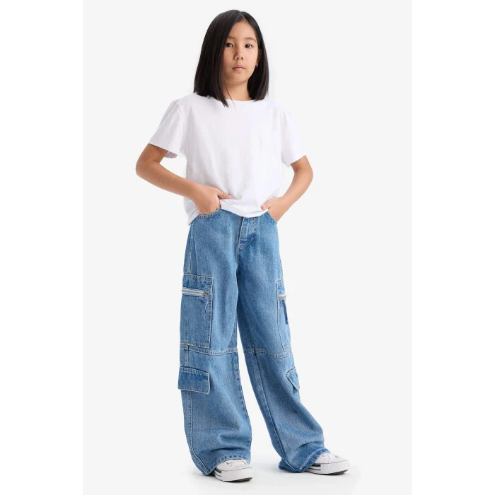 Defacto D9695 Mavi Kız Çocuk Wide Leg Kargo Geniş Bol Paça Jean Pantolon
