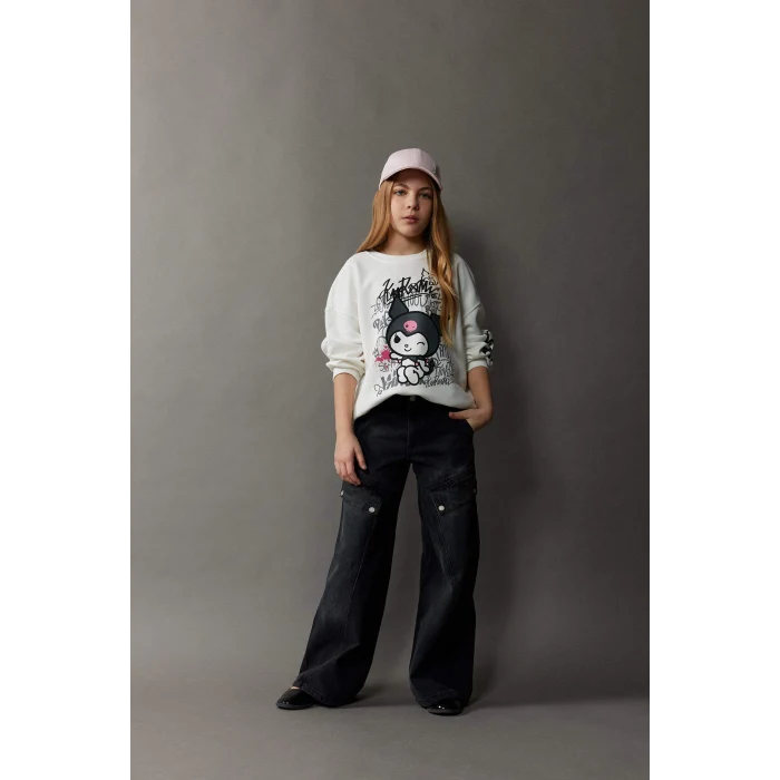 Defacto D9693 DENIM Kız Çocuk Wide Leg Kargo Geniş Paça Pamuklu Pantolon