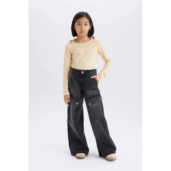 Defacto D9693 DENIM Kız Çocuk Wide Leg Kargo Geniş Paça Pamuklu Pantolon