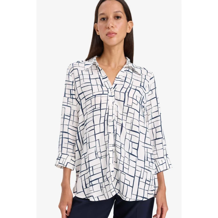 Defacto K6402 Beyaz Regular Fit Kareli  Uzun Kollu Gömlek