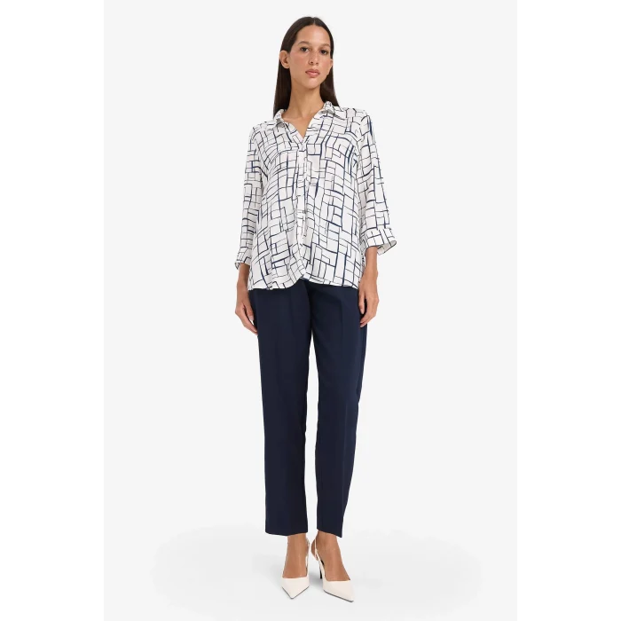 Defacto K6402 Beyaz Regular Fit Kareli  Uzun Kollu Gömlek