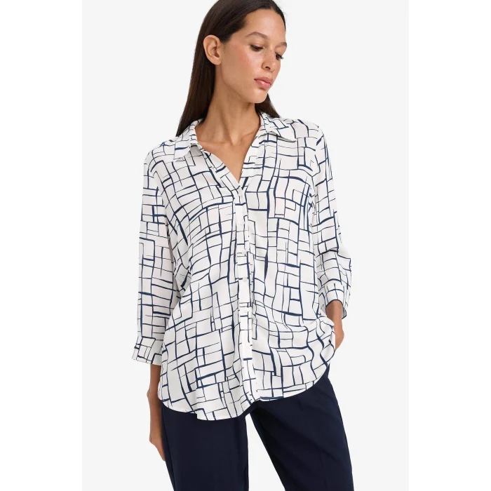 Defacto K6402 Beyaz Regular Fit Kareli  Uzun Kollu Gömlek