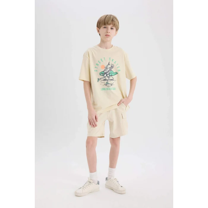 Defacto B5868 Bej Erkek Çocuk Beli Lastikli Kargo Cepli Şort
