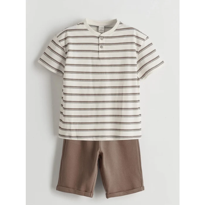 LCW Kids Bej Çizgili Erkek Çocuk Tişört ve Şort 2li