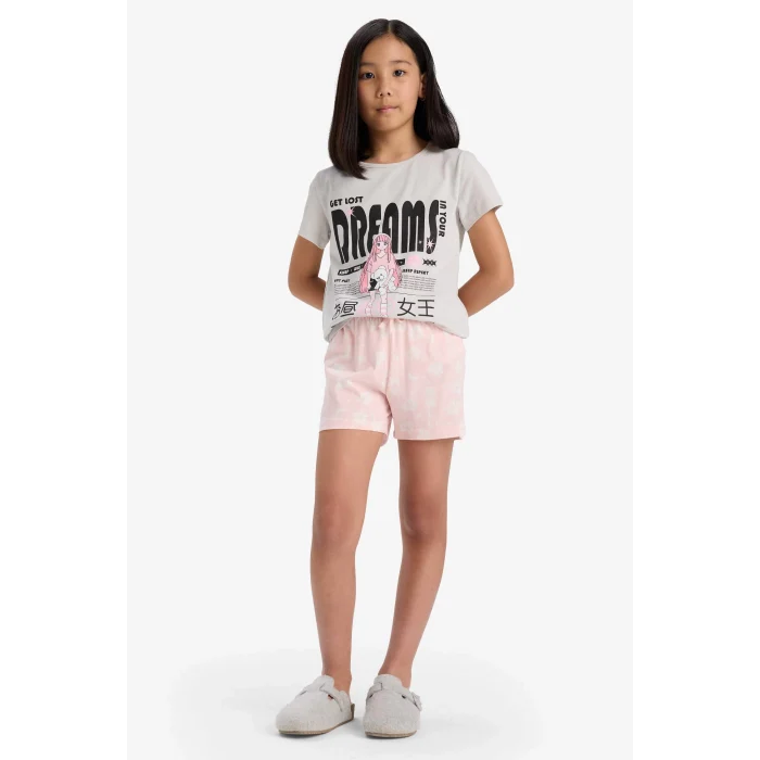 Defacto E0545 Gri Kız Çocuk Pijama Takımı Baskılı Kısa Kollu Üst Desenli Şort