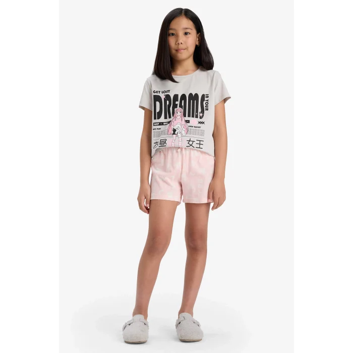 Defacto E0545 Gri Kız Çocuk Pijama Takımı Baskılı Kısa Kollu Üst Desenli Şort