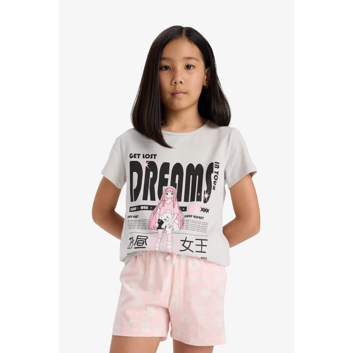 Defacto E0545 Gri Kız Çocuk Pijama Takımı Baskılı Kısa Kollu Üst Desenli Şort