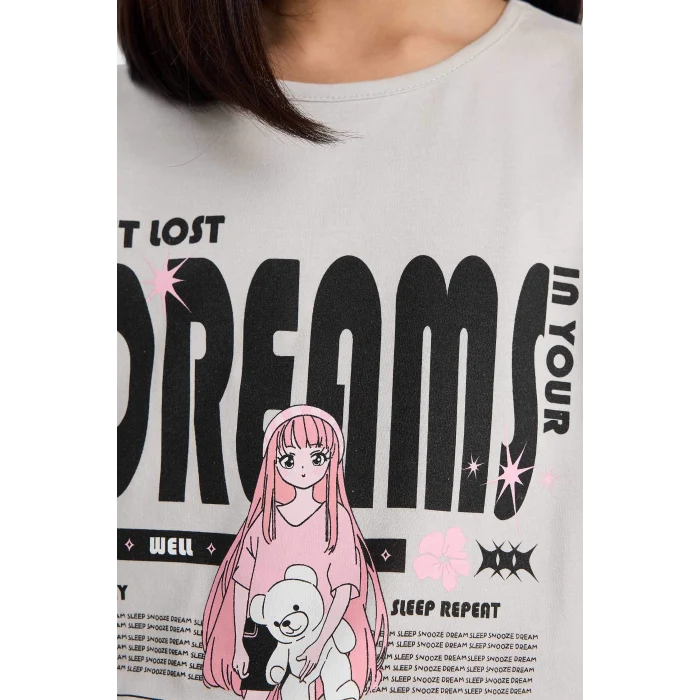 Defacto E0545 Gri Kız Çocuk Pijama Takımı Baskılı Kısa Kollu Üst Desenli Şort