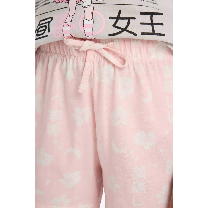 Defacto E0545 Gri Kız Çocuk Pijama Takımı Baskılı Kısa Kollu Üst Desenli Şort