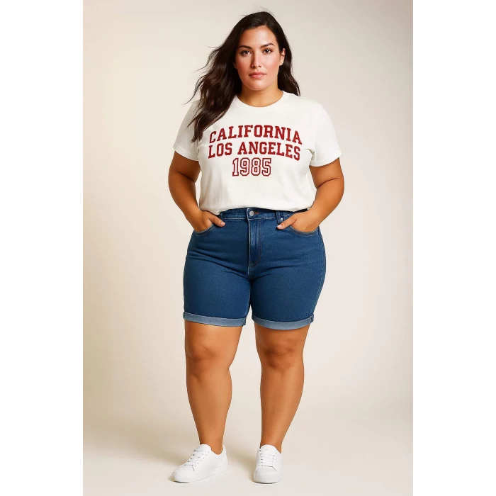 Defacto D9608 Beyaz Oversize Geniş Kalıp Bisiklet Yaka Baskılı Kısa Kollu Tişört