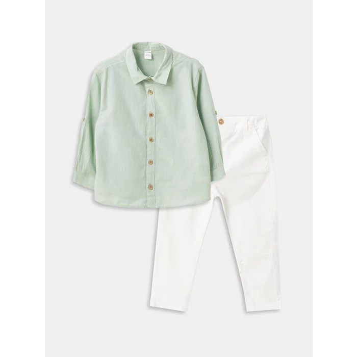 LCW Kids Yeşil Uzun Kollu Basic Pamuklu Erkek Bebek Gömlek ve Pantolon 2li Takım
