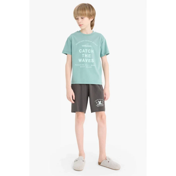 Defacto D9990 Yeşil Erkek Çocuk Pijama Takımı Baskılı Kısa Kollu Üst Beli Lastikli Şort