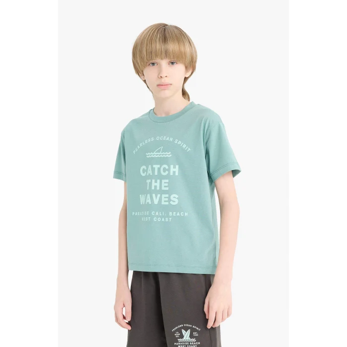 Defacto D9990 Yeşil Erkek Çocuk Pijama Takımı Baskılı Kısa Kollu Üst Beli Lastikli Şort