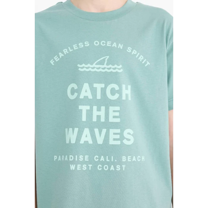 Defacto D9990 Yeşil Erkek Çocuk Pijama Takımı Baskılı Kısa Kollu Üst Beli Lastikli Şort