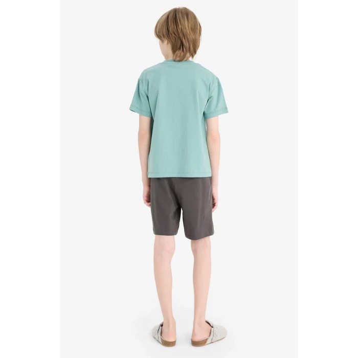 Defacto D9990 Yeşil Erkek Çocuk Pijama Takımı Baskılı Kısa Kollu Üst Beli Lastikli Şort