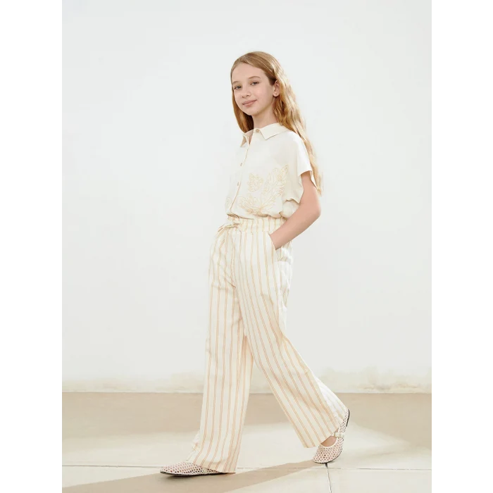 LCW Kids Bej Beli Lastikli Çizgili Kız Çocuk Pantolon