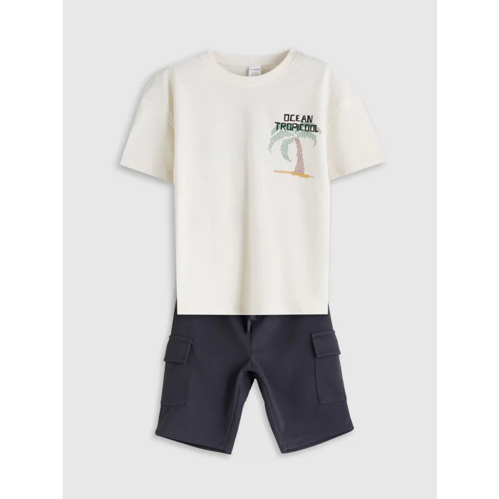 LCW Kids Bej Baskılı Erkek Çocuk Tişört ve Cepli Şort 2li