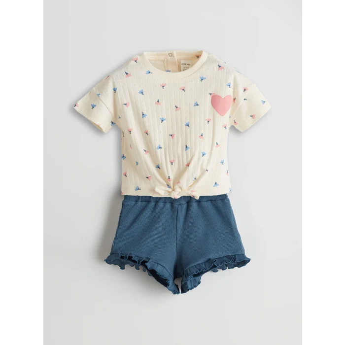 LCW baby Bej Beli Lastikli Kız Bebek Tişört ve Şort 2li