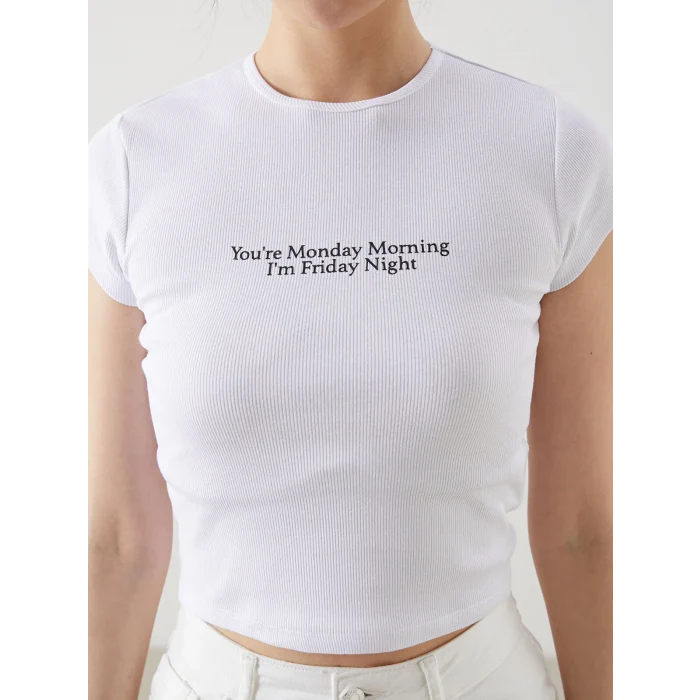 XSIDE Beyaz Bisiklet Yaka Baskılı Kaşkorse Kadın Body